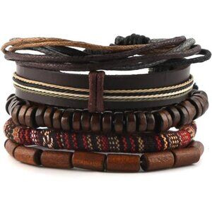 Hemp Leather Wrap Bracelets Unisex Men Women Wood Beads Tribal Ethnic Wristband